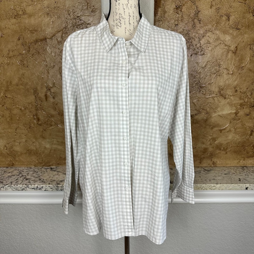 Garnet Hill Shirt Top Womens 18 Button Front Long Sleeve Check Plaid White Gray